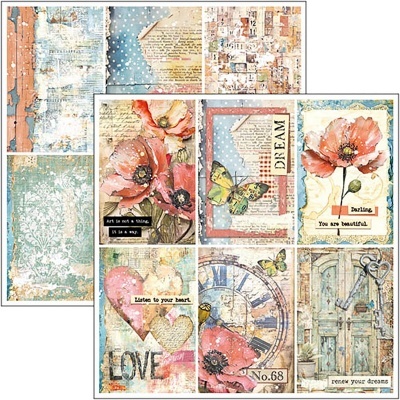 Cartões decorativos vintage com flores, borboletas, corações, relógio, chaves e textos inspiradores em inglês
