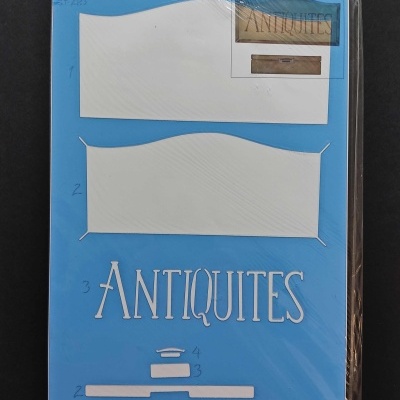 Kit de stencil para pintura decorativa com texto ANTIGUITÉS e várias formas em plástico branco