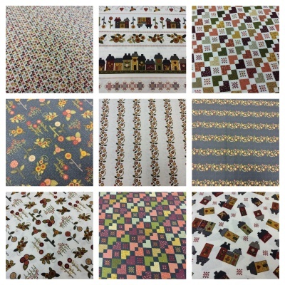Tecidos com padrões variados coloridos como casas, flores, padrões geométricos e borboletas.