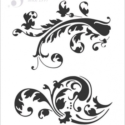 Stencil branco com desenhos florais pretos e texto 'lg ARTS & CRAFTS since 1997' e número 128