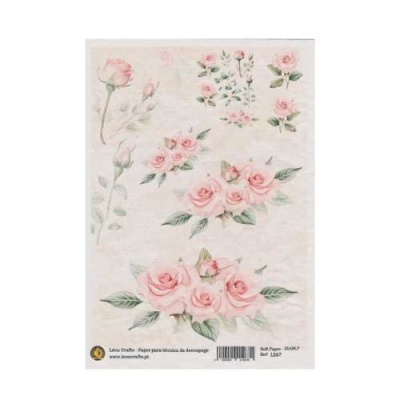 Papel de decoupage com estampas de rosas cor-de-rosa e folhas verdes em fundo branco