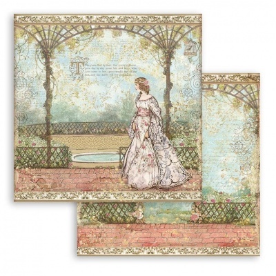 Papel decorativo vintage com mulher de vestido longo em jardim com pérgula e fonte