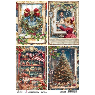 Ilustrações de Natal com grinalda, menina, brinquedos, avião e árvore decorada