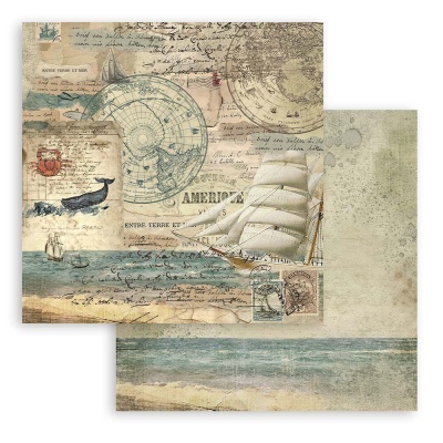 Papel decorativo náutico vintage com mapa e barco, verso com imagem de praia