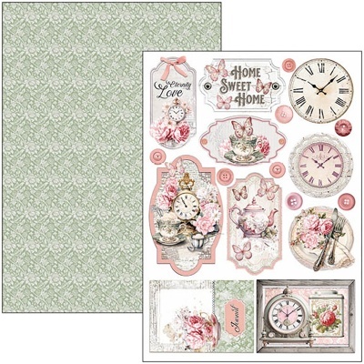 Papel decorativo para scrapbooking com padrão floral verde e recortes com relógios, flores e texto vintage