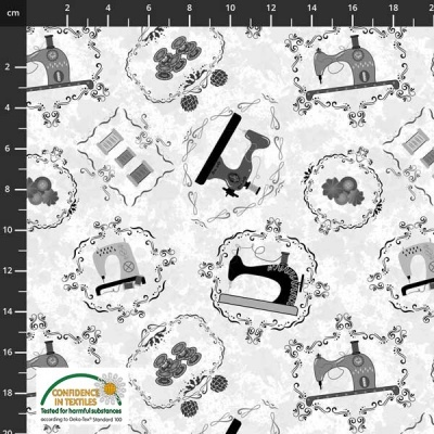 Tecido estampado com máquinas de costura cinzentas e elementos decorativos