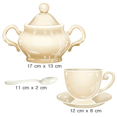 Conjunto de chá em cerâmica bege com açucareiro, chávena, pires e colher