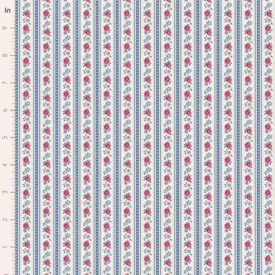 Tecido estampado com flores e linhas verticais em vermelho e azul