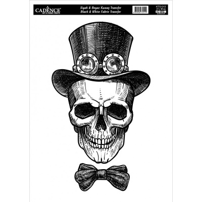 Transferência de tecido com desenho de caveira com chapéu e gravata borboleta