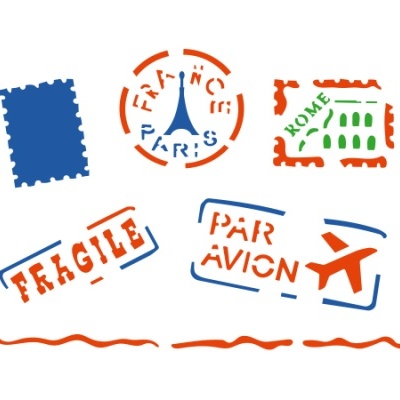 Carimbos de viagem coloridos com texto e símbolos de Paris e Rome