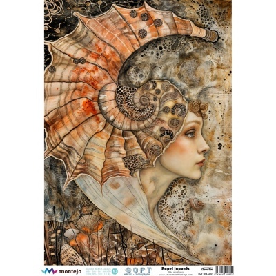 Ilustração de uma mulher com cabeça e pescoço integrados a uma concha marinha em tons terrosos