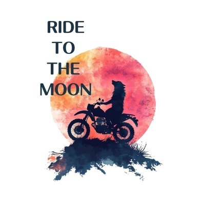 Silhueta de lobo em mota com fundo de lua vermelha e texto 'RIDE TO THE MOON'