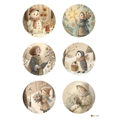 Seis ilustrações de inverno em círculos com boneco de neve, criança, pinguim e flores.