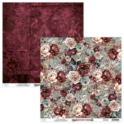 Papel decorativo para scrapbook com padrão floral vintage de um lado e padrão ornamental vermelho vinho do outro lado