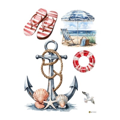 Ilustração com tema náutico e praia incluindo chinelos, âncora, conchas, salva-vidas, gaivota e cena de praia.