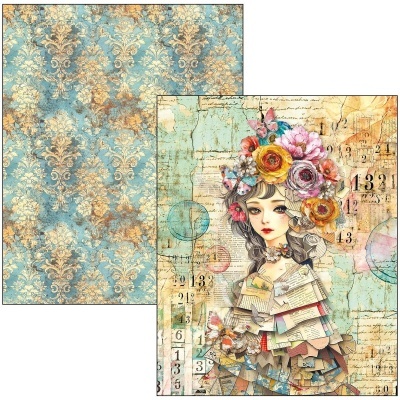 Papel decorativo com padrão vintage em azul e ilustração artística de mulher com vestido de cartas e flores no cabelo