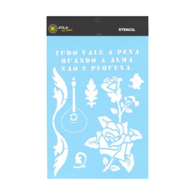 Stencil azul com padrões brancos e texto TUDO VALE A PENA QUANDO A ALMA NÃO É PEQUENA na embalagem preta com marca ATILA.