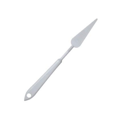 Espátula metálica com cabo branco e lâmina triangular