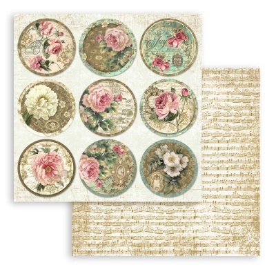 Folhas de papel decorativo com flores vintage e pauta musical em tons bege e rosa