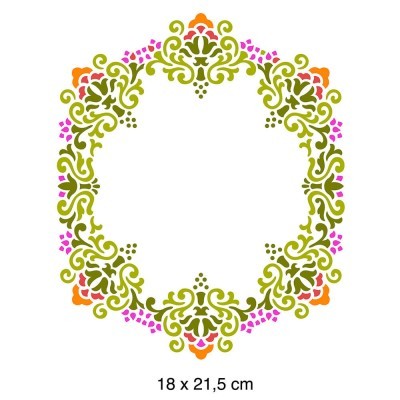 Ornamento decorativo circular colorido com padrão simétrico e medidas 18 x 21,5 cm.