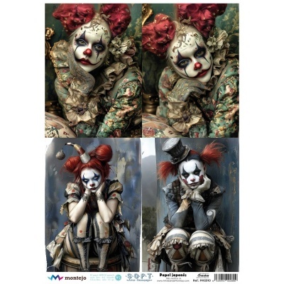 Quatro imagens de pessoas maquiadas como palhaços com roupas elaboradas coloridas em fundo neutro.