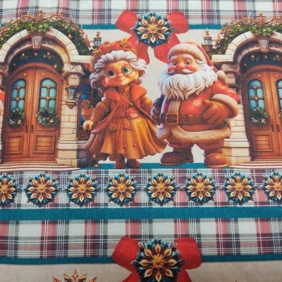 Tecido estampado natal com Pai Natal e senhora com portas de madeira e padrão xadrez