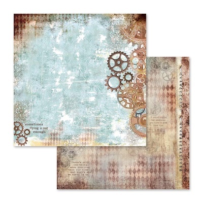 Papel decorativo com engrenagens bronze e azul claro com textura envelhecida e texto em inglês.