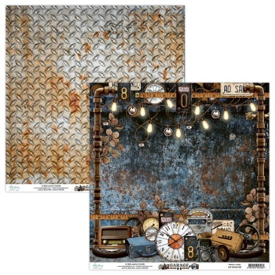Papel decorativo com padrão metálico envelhecido de um lado e ilustração vintage de garagem do outro