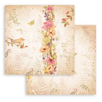 Papel decorativo vintage com flores, pássaro e borboleta