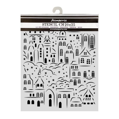 Stencil plástico 20x25 cm com design de casas e estrelas, embalagem com gancho.