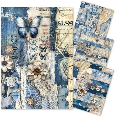 Cadernos com capas decorativas em azul e bege com rendas, flores, borboletas e texto vintage