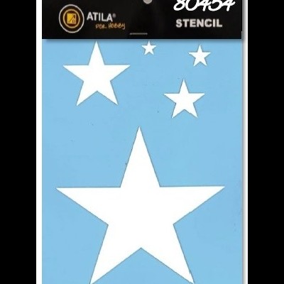 Estêncil azul com desenho de quatro estrelas brancas e texto de marca e código