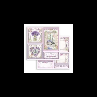 papel decorativo com ilustrações de flores de lavanda e molduras em tons lilás