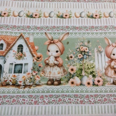 Tecido decorativo com casas, coelhos e flores em tons pastel