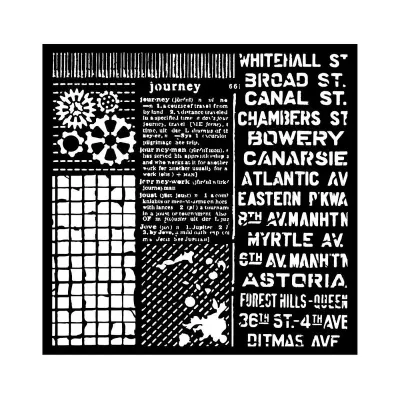 Stencil preto com textos em branco definindo journey e nomes de ruas em letras maiúsculas
