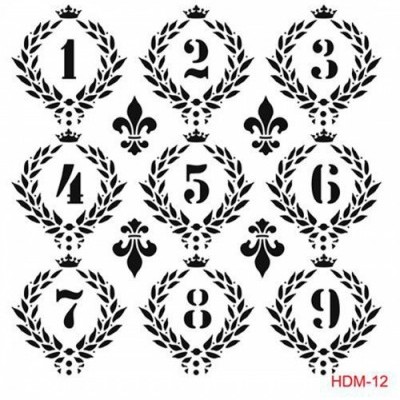 Números de 1 a 9 em coroas de louros com símbolos florais e texto HDM-12