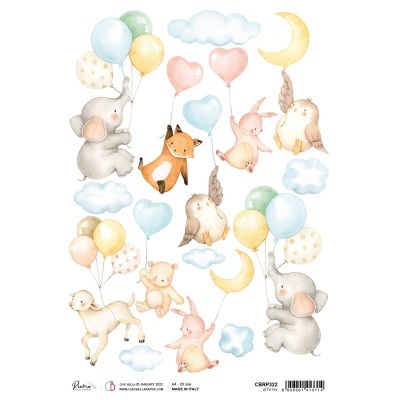 Desenho infantil com animais segurando balões e elementos do céu