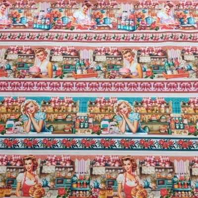 Tecido estampado vintage com cenas de cozinha e mulheres retrô.