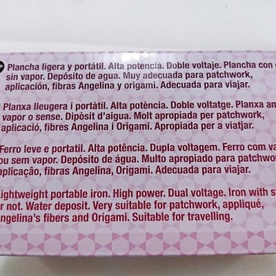 Embalagem de ferro de passar portátil com texto informativo em várias línguas