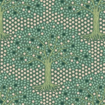 Padrão decorativo de árvores verdes com fundo bege pontilhado.