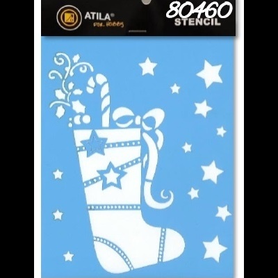 Stencil de meia de Natal com laço, bengala e estrelas em fundo azul
