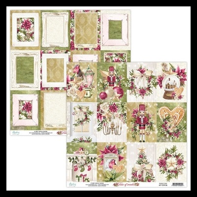 Papéis decorativos para scrapbooking com temas natalícios e elementos tradicionais em verde, rosa e bege