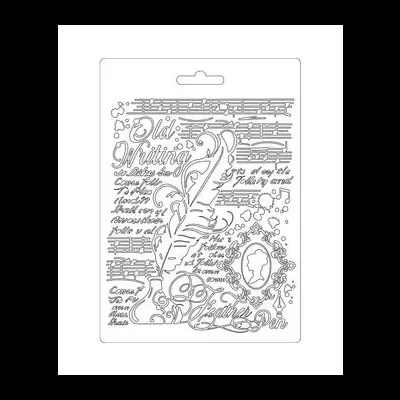 Ilustração decorativa em preto e branco com penas de escrita e texto 'Old Writing'