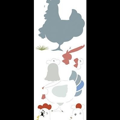 Partes desenhadas de uma galinha para montar em cores cinzento, vermelho, branco e azul
