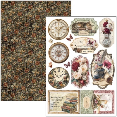 Papel decorativo para scrapbooking com desenhos vintage variados e padrão floral escuro