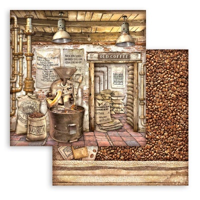 Fotografia decorativa vintage com temática de café, incluindo loja antiga e grãos de café tostado