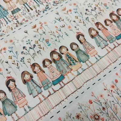 Tecido com estampado de bonecas em vestidos e flores em tons pastel
