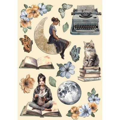 Ilustração artística com máquina de escrever, gato em livros, pessoas lendo e elementos naturais coloridos