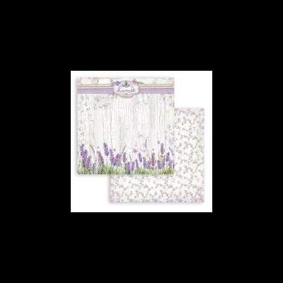 Papel decorativo com padrão de lavanda e flores lilases em fundo branco