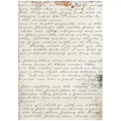 Papel decorativo envelhecido com texto manuscrito em tinta preta e manchas de tinta marrom